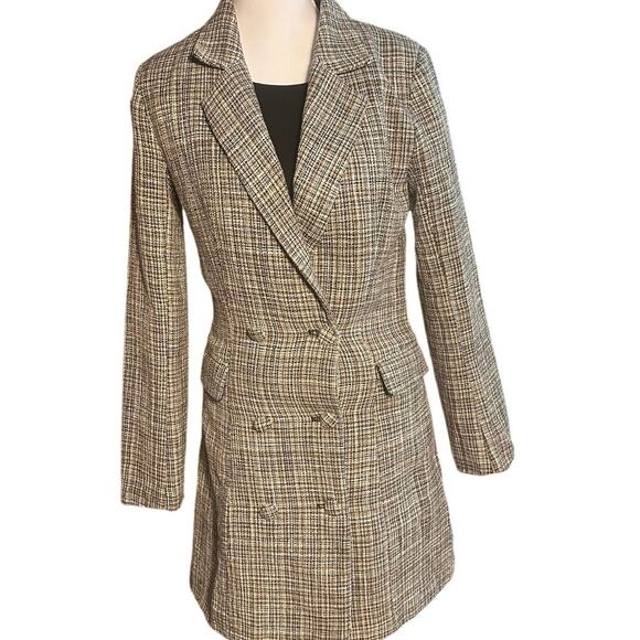 Lulu’s Small Gray Tan Tweed Fitted Double Breasted Classic Neutral Pea Coat - Picture 1 of 7